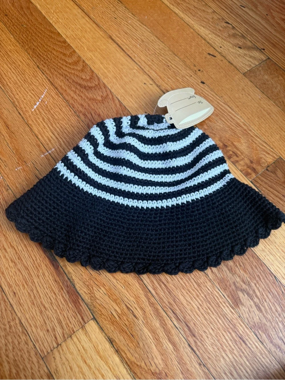 Black & White Striped Crochet Kids Sun Hat with Cherry Accent